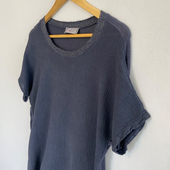 Tina Stevens Linen Cotton Short Sleeve Dark Blue Top One Size Fits Most - Picture 3 of 8